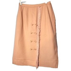 VTG Talbott Wool Pink Faux Button Fringe Front Pencil Skirt Side Zip Small 60's